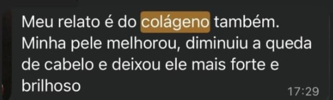 Print de depoimento real de cliente sobre pele e queda de cabelo